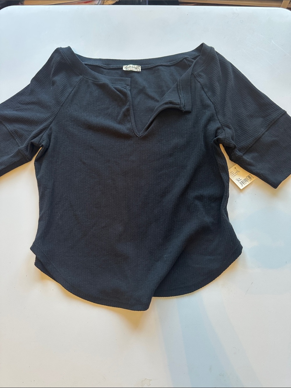 Free People Black Ribbed Notch-Neck Short Sleeve Tee